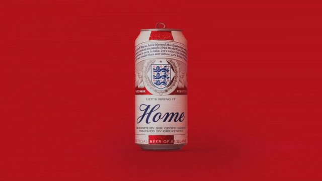 Video Reference: beer can, aluminum can, red background, product shot, England, label design, drink, beverage, centered, studio lighting, sports theme, soccer, close-up, packaging, single object