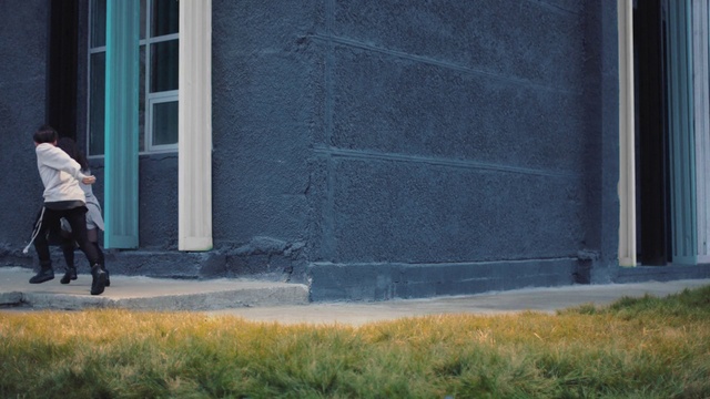 Video Reference: Window, Road surface, Asphalt, Grass, Tints and shades, Sidewalk, Electric blue, Facade, Street fashion, Brick