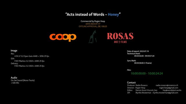Video Reference: title card, production slate, text, logos, black background, technical sheet, contact information, commercial, video frame, credits