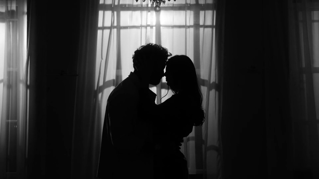 Video Reference: Flash photography, Curtain, Gesture, Kiss, Black-and-white, Happy, Tints and shades, Window, Darkness, Event