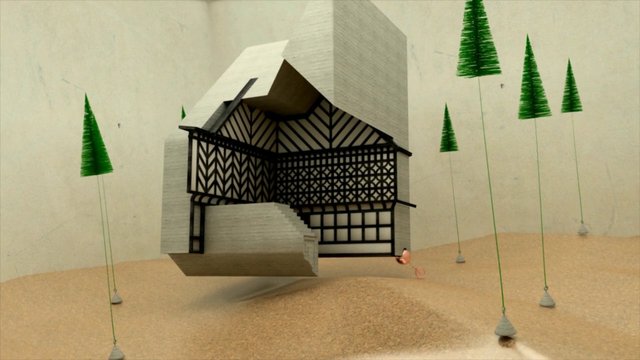 Video Reference: abstract, 3d render, floating house, geometric, lattice, architecture, sandy landscape, trees, sculpture, minimalist, surreal, installation, indoor scene, contemporary art
