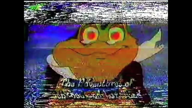 Video Reference: cartoon, frog, animated character, glitch, static, distorted, low resolution, retro video, blue background, eyes, text, vhs, noise, fantasy, animation, frame