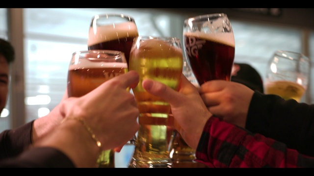 Video Reference: Hand, Drinkware, Stemware, Beer, Tableware, Barware, Amber, Drinking establishment, Fluid, Liquid