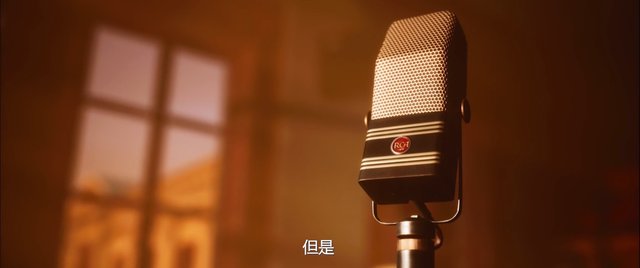 Video Reference: microphone, vintage, stand, close-up, studio, warm light, indoor, blurred background, window, subtitles, recording, audio, retro, brown tones