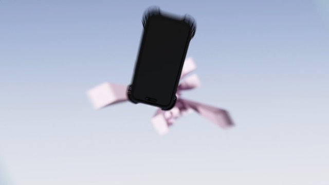 Video Reference: smartphone, phone, mobile, device, floating, motion blur, sky background, abstract, technology, black screen, product shot, copy space, minimal, blue background, pink ribbons, dynamic