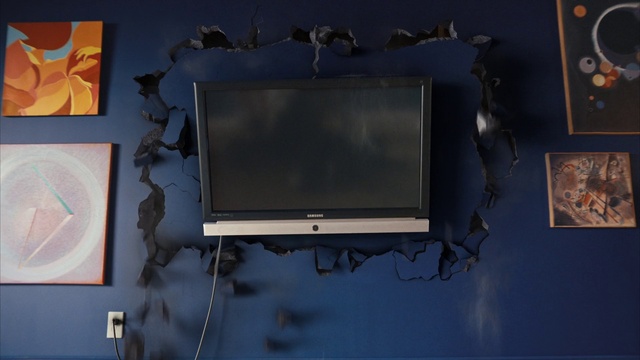 Video Reference: Television, Rectangle, Television set, Computer monitor accessory, Display device, Flat panel display, Space, Electric blue, Art, Room