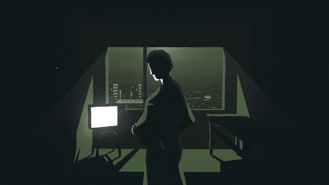 Video Reference: silhouette, person, room, computer, monitor, window, cityscape, night, dark, illustration, digital art, minimal, gloomy, indoor, backlit, stylized