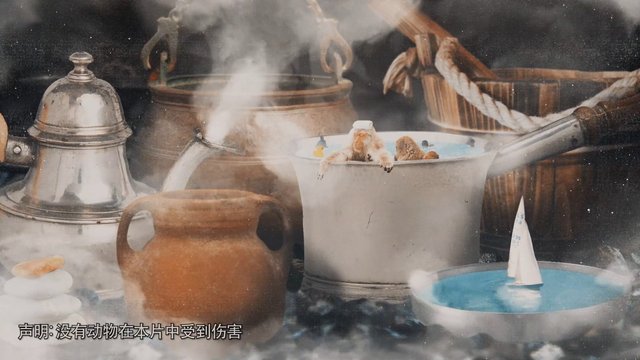 Video Reference: still life, metal pot, kettle, steam, clay jug, bowl, sailboat, toy monkey, smoke, kitchenware, decorative, arrangement, Chinese text, indoor, close-up, artistic