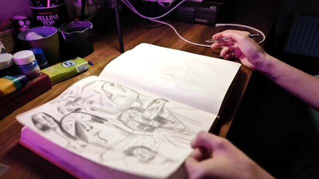 Video Reference: Hand, Purple, Textile, Automotive design, Finger, Artist, Art, Table, Font, Magenta