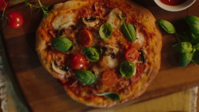Video Reference: Pizza, Food, Fast food, Ingredient, Recipe, Staple food, Baked goods, California-style pizza, Pizza cheese, Cooking