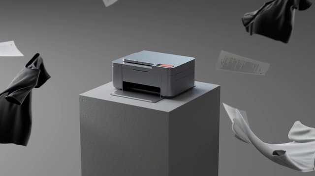 Video Reference: printer, product shot, gray, pedestal, studio, minimalist, floating fabric, paper sheets, 3d render, device, modern, abstract, still life