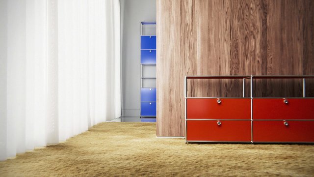 Video Reference: interior, modern, furniture, drawer, wood panel, curtains, carpet, minimalist, home decor, empty room, storage, red, blue, clean design, indoor