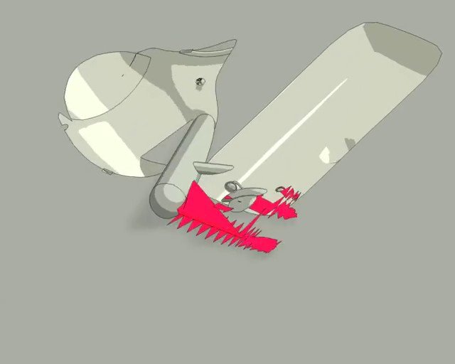 Video Reference: 3d render, abstract, mechanical parts, white object, gray background, red shape, overlay, simulation, geometry, minimalist, digital art, close-up