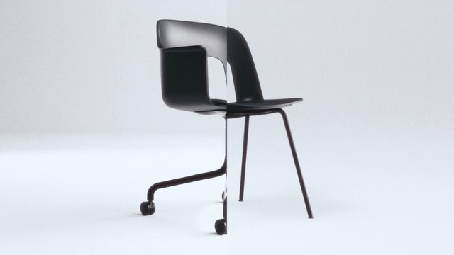 Video Reference: chair, modern furniture, black chair, studio background, minimalist, backrest, metal legs, wheels, seat, isolated object, product shot