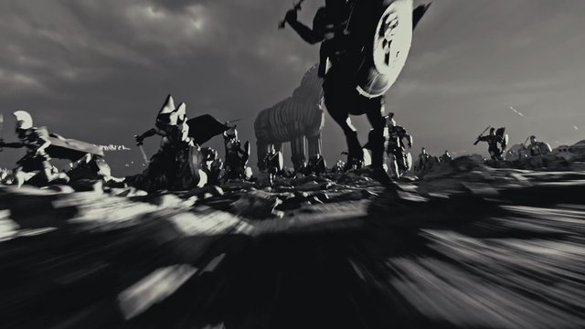 Video Reference: black and white, warriors, armored, battle, shields, weapons, motion blur, fantasy, landscape, action, crowd, epic, cloudy sky, horse, marching
