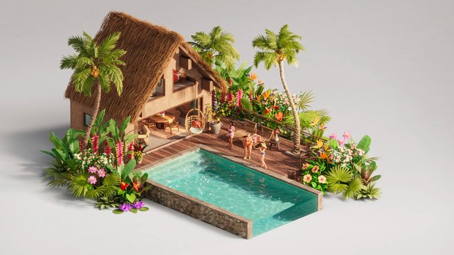 Video Reference: tropical house, thatched roof, swimming pool, wooden deck, palm trees, flowers, garden, resort, outdoor, 3d render, vacation, hut, patio, exotic, landscaping, people