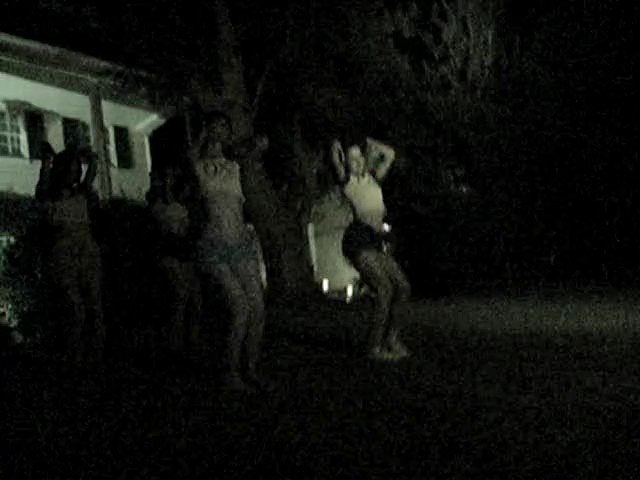 Video Reference: night, outdoor, dark, people, group, house, building, low light, silhouette, standing, moving, street, yard, nighttime, dim, grainy