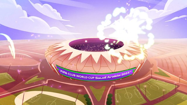 Video Reference: stadium, soccer, football, fireworks, animated, sports event, arena, clouds, aerial view, festival, graphic design, Saudi Arabia, FIFA, tournament, night lights, sports fields