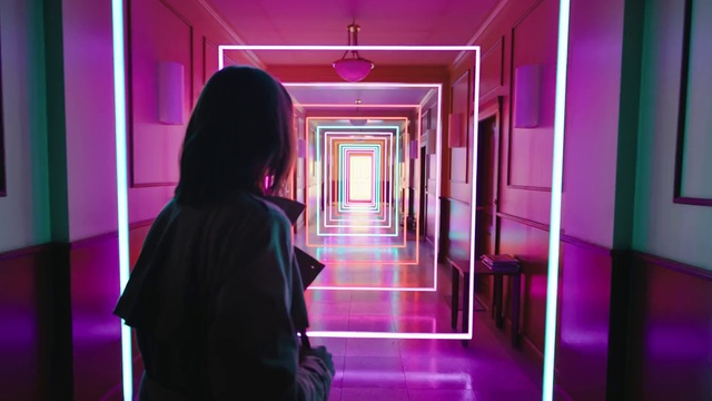 Video Reference: Purple, Violet, Pink, Building, Magenta, Tints and shades, Electric blue, Flooring, Neon, Symmetry