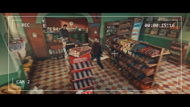 Video Reference: convenience store, shop interior, snack shelves, retail, two people, surveillance camera, checkout counter, aisle, packaged goods, tile floor, indoor