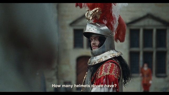 Video Reference: medieval, armor, helmet, soldier, costume, plume, courtyard, historical, close-up, subtitle, film still, renaissance, red, warrior
