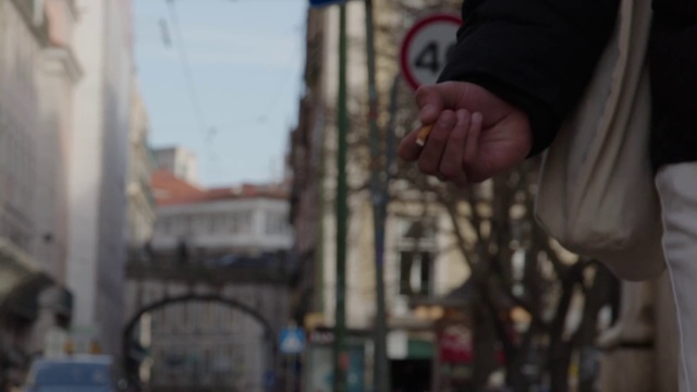 Video Reference: Building, Sky, Gesture, Street light, City, Human leg, Road, Facade, Street, Foot