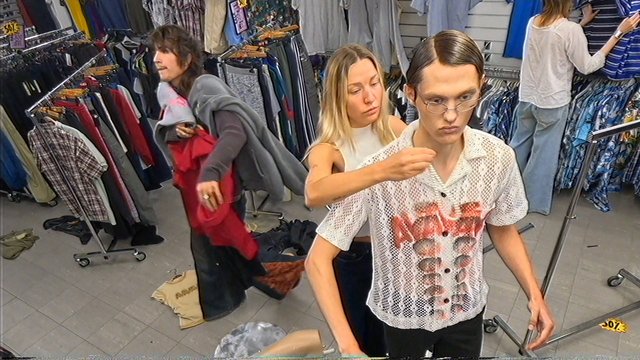 Video Reference: clothing store, shopping, people, fashion, clothes racks, retail, indoor, browsing, trying on clothes, apparel, store interior, garments, rack display, casual wear