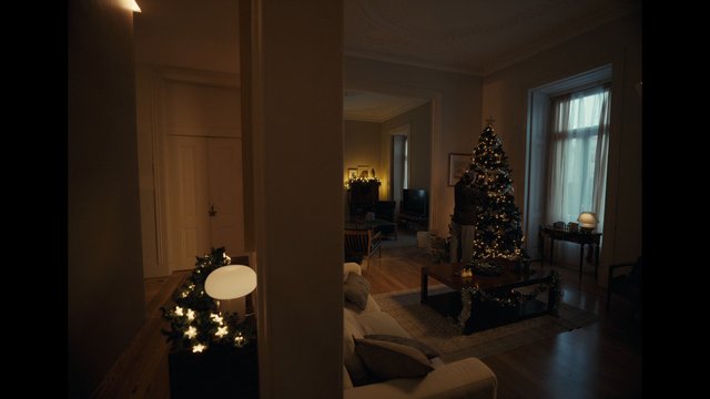Video Reference: living room, Christmas, holiday decor, Christmas tree, interior, warm lighting, garland, lamp, apartment, festive, home, tree lights, cozy, indoor, person