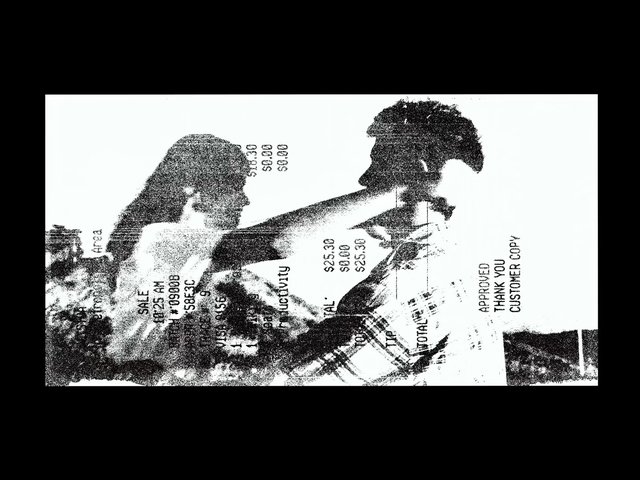 Video Reference: black and white, grainy, two people, profile view, extended arm, overlay text, numbers, processed image, high contrast, abstract, video frame, silhouette, scan