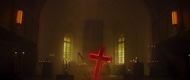 Video Reference: Window, Amber, Architecture, Interior design, Cross, Tints and shades, Font, Religious item, Glass, Symmetry