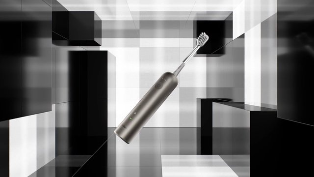 Video Reference: electric toothbrush, product shot, 3D render, floating object, monochrome, geometric background, studio lighting, minimalist, toothbrush, modern design, reflective surfaces