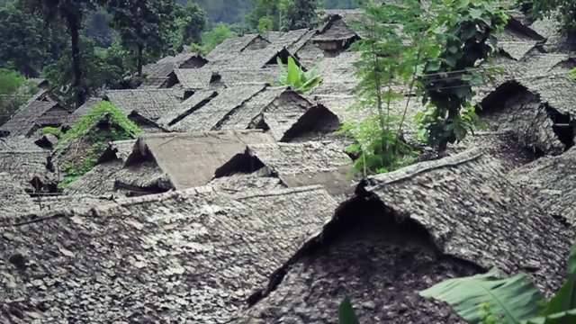 Video Reference: thatched roofs, huts, village, forest, vegetation, hillside, rural, traditional buildings, greenery, tropical, rooftops, settlement, nature, wooden structures