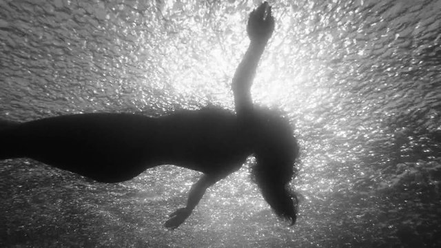 Video Reference: underwater, swimmer, silhouette, black and white, bubbles, sunlight, aquatic, motion, ocean, sport, diving, backlit