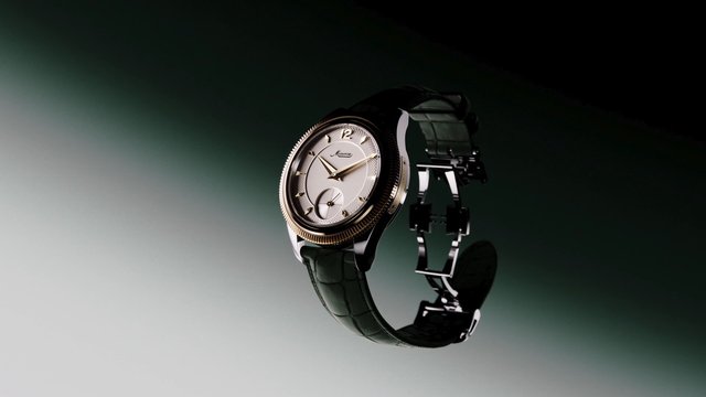 Video Reference: wristwatch, luxury, watch, product shot, fashion accessory, leather strap, timepiece, close-up, studio lighting, green background, elegant, premium, isolated, still life