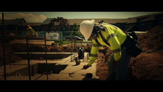 Video Reference: Hard hat, High-visibility clothing, Workwear, Helmet, Asphalt, Construction worker, Flash photography, Adaptation, Engineer, Road surface