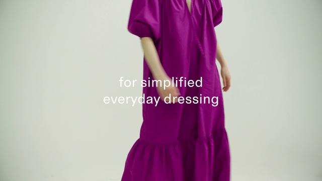 Video Reference: Outerwear, One-piece garment, Shoulder, Purple, Neck, Dress, Sleeve, Waist, Day dress, Violet