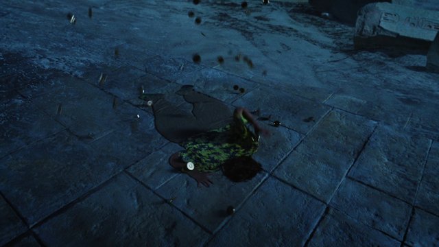 Video Reference: person, night, wet floor, tiles, fallen, debris, low light, blue tone, outdoor, action scene, motion blur, urban