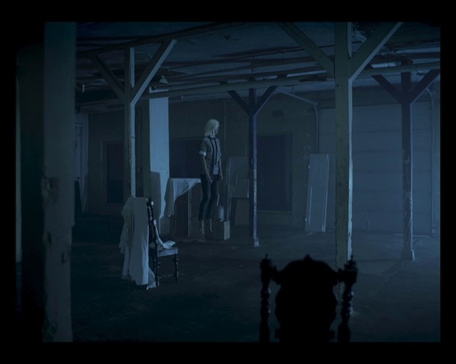 Video Reference: Flash photography, Art, Grey, Tints and shades, Chair, Painting, Space, Darkness, Entertainment, Symmetry