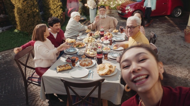 Video Reference: Clothing, Food, Table, Tableware, Furniture, Smile, Sharing, Plate, Chair, Yellow