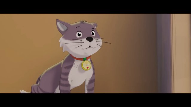 Video Reference: animated, cat, pet, collar, tag, indoors, cartoon, animal, close-up, standing, wall, purple, cute