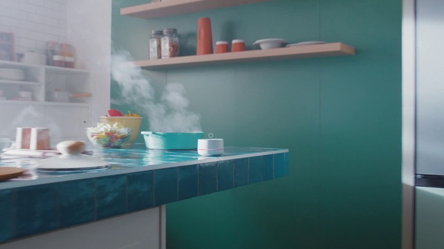 Video Reference: Azure, Shelf, Shelving, Tableware, Paint, Kitchen, Interior design, Grey, Countertop, Wood