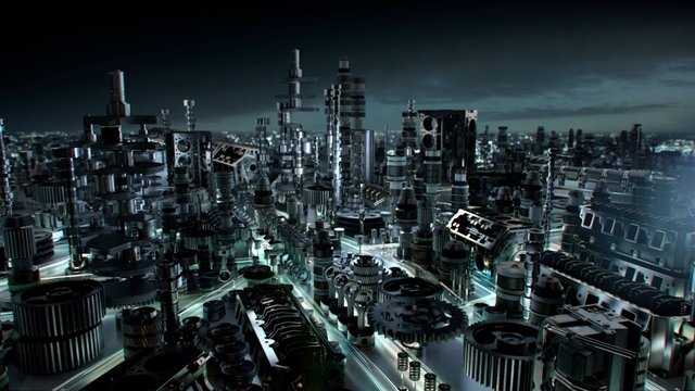 Video Reference: futuristic, cityscape, mechanical, gears, metal, industrial, technology, sci-fi, cyberpunk, night, glowing, complex, abstract, 3d render, urban, dark sky