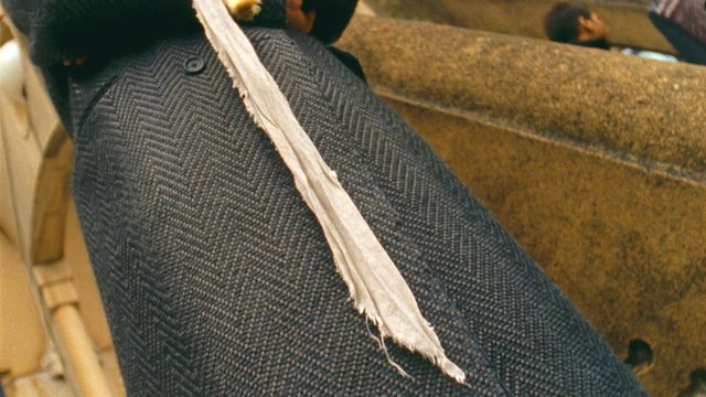 Video Reference: person, coat, scarf, close-up, textured fabric, winter clothing, stairs, crowd, outdoors, torso, fashion, macro, background blur
