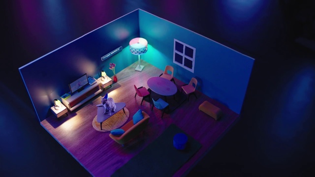 Video Reference: Blue, Purple, Table, Entertainment, Chair, Visual effect lighting, Couch, Magenta, Electric blue, Space