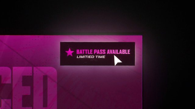 Video Reference: game menu, battle pass, limited time, promotion, cursor, ui, interface, gaming, popup, banner, pink, black, text, screen, advertisement
