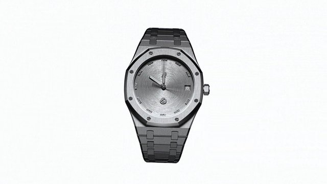 Video Reference: wristwatch, watch, luxury watch, silver, black, metal bracelet, timepiece, product shot, isolated, minimal background