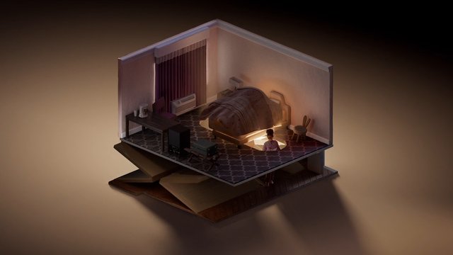 Video Reference: miniature, bedroom, cutaway, diorama, interior, bed, desk, curtains, air conditioner, warm light, stylized, 3d render, small figure, room scene