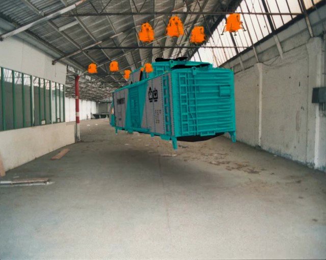 Video Reference: warehouse, industrial interior, suspended load, shipping container, equipment enclosure, metal roof, concrete floor, storage area, hanging, ceiling beams, industrial building, turquoise, large object, empty space