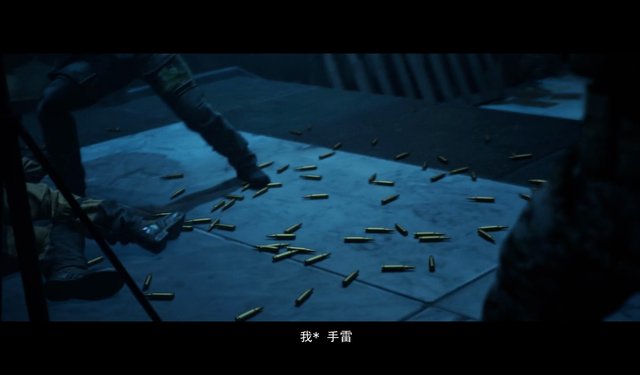 Video Reference: bullet casings, shell casings, boots, legs, floor, dim lighting, blue tint, action scene, chaotic, indoor, subtitles, combat, gunfire, close-up
