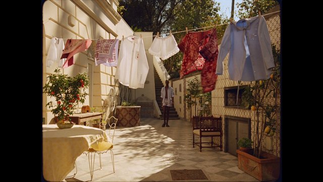 Video Reference: courtyard, laundry, clothesline, sunlight, outdoor, residential, plants, stairs, table, chairs, person, patio, daytime, architecture, hanging clothes